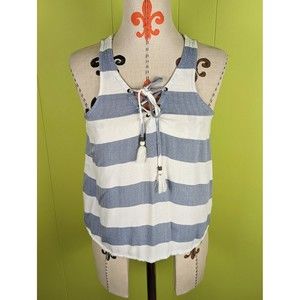 Aeropostale Womens XS Grayish Blue White Striped Lace Up Tank Top With Fringes